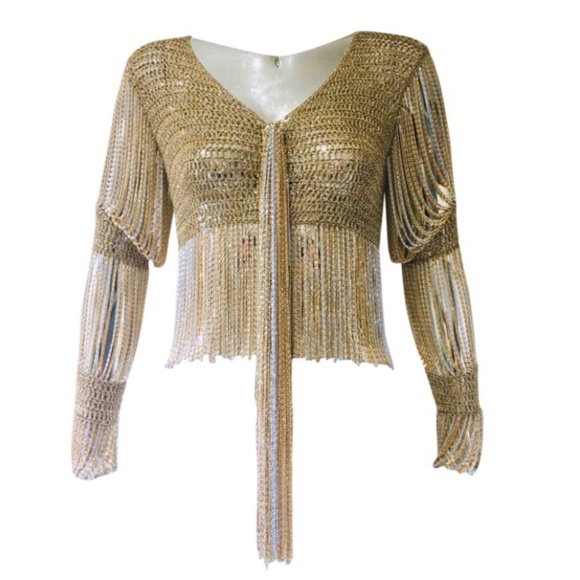 RARE 1970s authentic Loris Azzaro Gold & Silver Chain & Knit Top w/ Chain Tassel - Picture 1 of 9